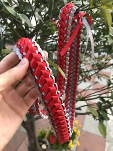 Red & Silver/Gray Ribbon Double Ribbon Graduation Lei (Custom orders available) - Picture 1 of 4