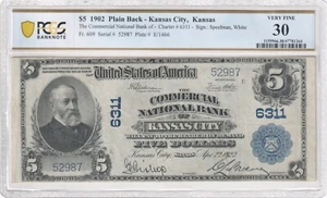 1902 KC Kansas The Commercial National Bank $5 PCGS VF 30 - Picture 1 of 4