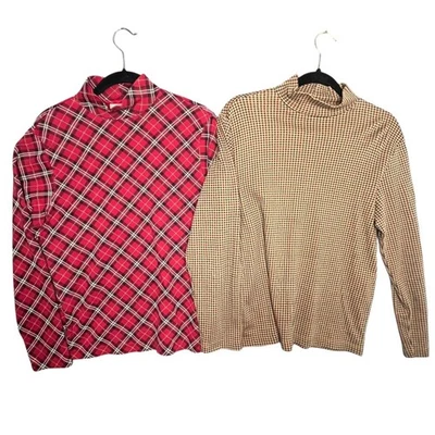 Croft & Barrow Mock Turtleneck Holiday Tops Sz M Red Plaid Brown Gingham Cotton - Image 1 of 4
