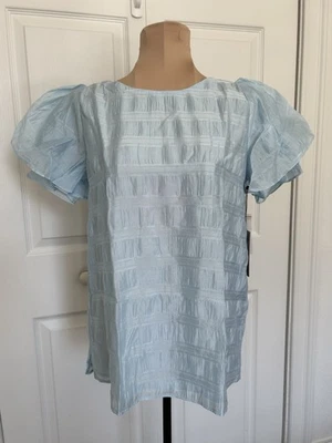 VINCE CAMUTO Round Neck Short Flutter Sleeve Semi Sheer Textured Top Blue Sz XS - Image 1 of 4