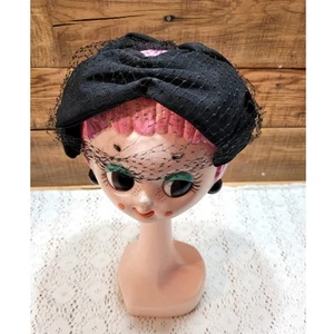 Cappello vintage anni 50 Dayne Fascinator rete fiocchi nero moda - Foto 1 di 11