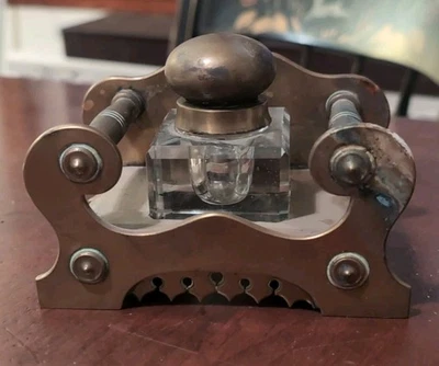 Antique Brass & Glass Inkwell Ink Writing Standish 19th Century Empire  - Image 1 of 4