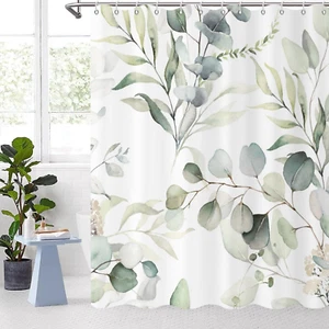 Eucalyptus Leaf Shower Curtains, Sage Green Spring Botanical Watercolor Plants B - Picture 1 of 9