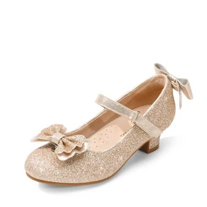 Kids Girls Dress Shoes Low Heel Bow Glitter Dance Shoes Wedding Party Shoes - Picture 1 of 15