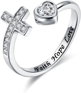925 Sterling Silver Cross Faith Hope Love Ring Adjustable Open Gifts for Women - Picture 1 of 5