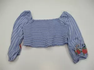 Neu XHILARATION Crop Top Damen Gr. XL Baumwolle offen Rüschen blau gestreift Bluse - Bild 1 von 7