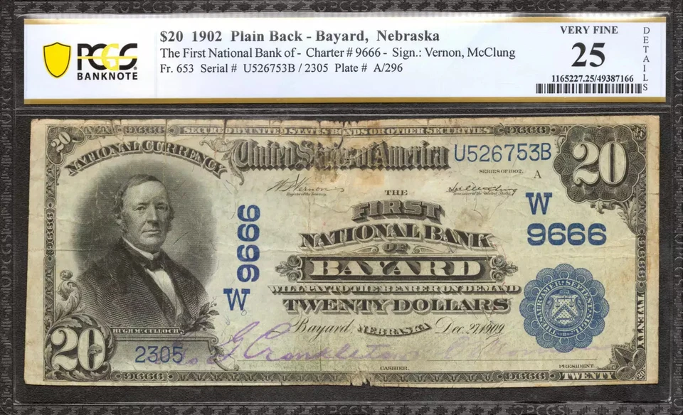 1902 $20 FIRST NATIONAL BANKNOTE CURRENCY BAYARD NEBRASKA PCGS 25 VF (753B) - Image 1 of 2