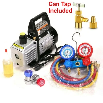 Manifold Gauge set Combo 4 CFM Air Vacuum Pump HVAC + R134A Kit AC A/C