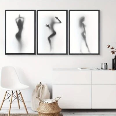 Impresión en lienzo de figura de mujer silueta hazy de 3 piezas blanco y negro sin marco Foto 1 de 4