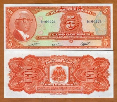 Haiti, 5 Gourdes, L.1979 (1980-1982), P- 232, UNC François Duvalier - Imagem 1 de 3