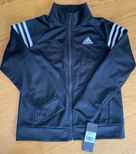 Adidas Girls Black w White Stripes Athletic Zip-up Jacket, Size M(10/12) - NEW - Picture 1 of 5