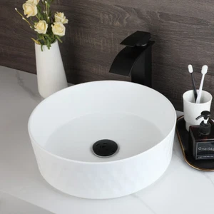 White&Black Bathroom Vessel Sink Round Ceramic Basin Bowl Deck Mounted Drain Tap - Picture 1 of 9