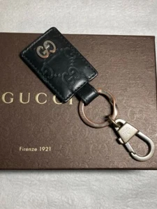 GUCCI's Ssima GG Logo Leather Key Ring Key Chain Bag Charm Black Used - Picture 1 of 19