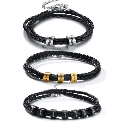 Personalized EngravING Mens Braided Leather ID Bracelet Bangle Family Names Gift - Image 1 of 4