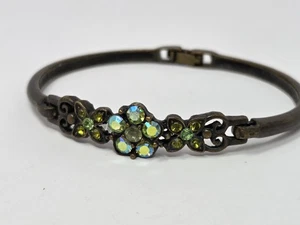 Green AB Rhinestone Flower Antique Bronze Tone Bracelet Hinged Bangle Vintage - Picture 1 of 11
