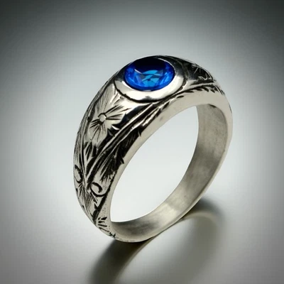 Anillo de plata esterlina 925 para hombre con circón azul hecho a mano banda floral talla 7-15 EE. UU. Foto 1 de 4