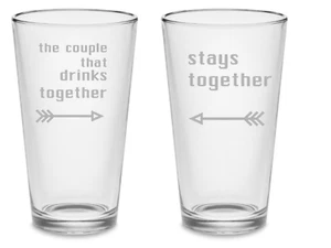 SET "Couple Drinks Together" Custom Pint Beer Etched Glasses Tumblers Drinkware - Picture 1 of 5
