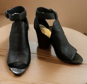 Vince Camuto BLACK leather peep toe heel Bootie Ankle Strap Buckle size 7 NICE - Picture 1 of 8