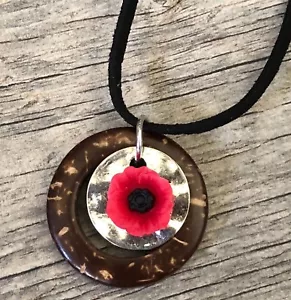 Poppy Flower of Love and Peace Palm Wood Circle Enso Silver Necklace Silver - Picture 1 of 5