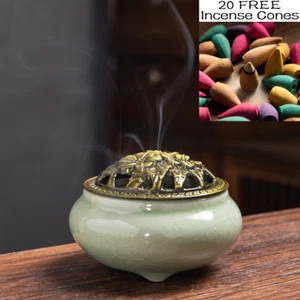 Classic Ceramic Incense Burner - Grass Green + 20 FREE Scented Incense Cones - Picture 1 of 5