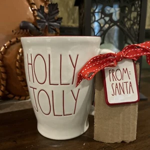 RAE DUNN HOLLY JOLLY CHRISTMAS TASSE mit Keramik-Ornamentanhänger vom Weihnachtsmann - Bild 1 von 7
