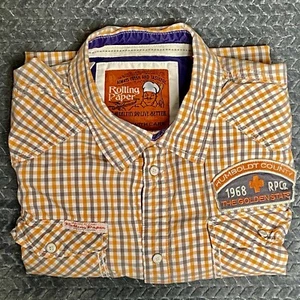 Rolling Paper NYC Shirt Mens Size 2XL Orange Long Sleeve Plaid Patches Snap Up - Picture 1 of 16