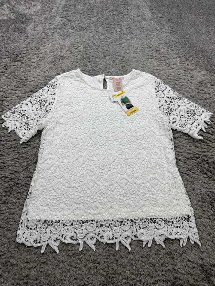 Philosophy Top Women Medium White Crochet Lace Short Sleeve Fringe Blouse