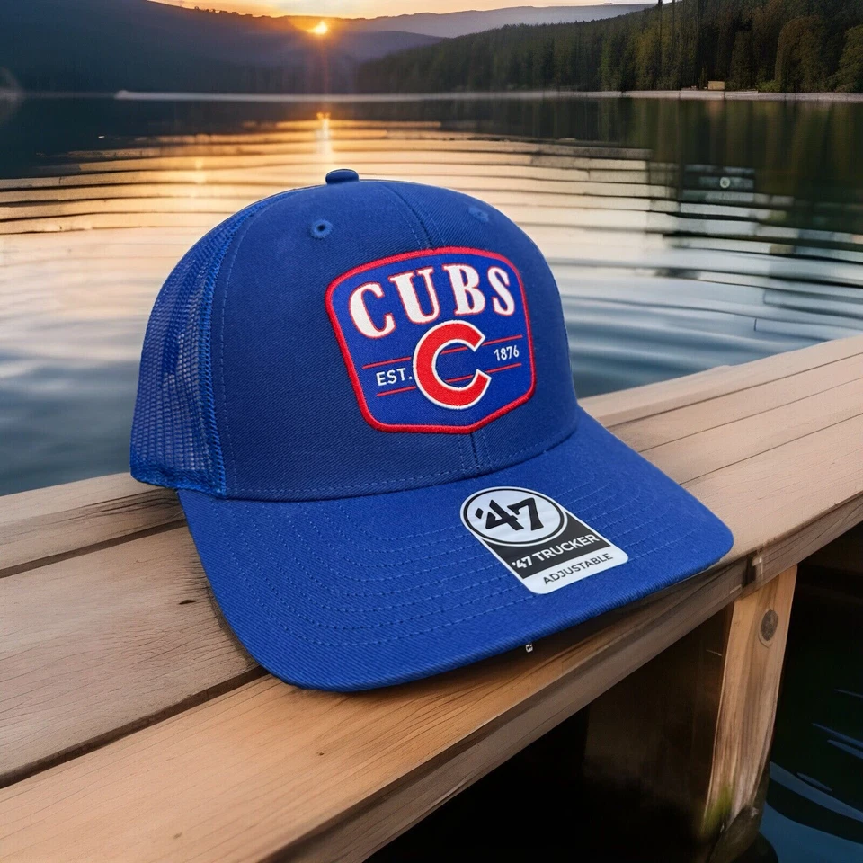 Chicago Cubs Hat ‘47 Squad Trucker Snapback Base Patch Logo Royal Blue Mesh Hat.