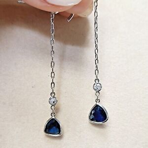 Natural Trillion Sapphire & .10ctw Diamond Platinum Dangling Earring 1.75"