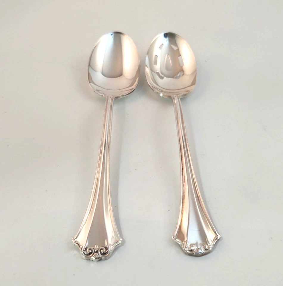 Reed & Barton Silverplate French Chippendale 8.5" Serving Spoon & Slotted Spoon - Image 1 of 4