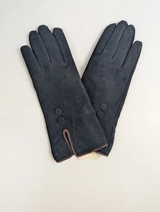 Vintage Echtleder Fahrhandschuhe komplett gefüttert schwarz hellbraun Knopfdetail Medium - Bild 1 von 5