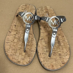 Women's Michael Kors Silver Jelly MK Logo Thong Cork Flip Flop Sandals Size 8 - Picture 1 of 5