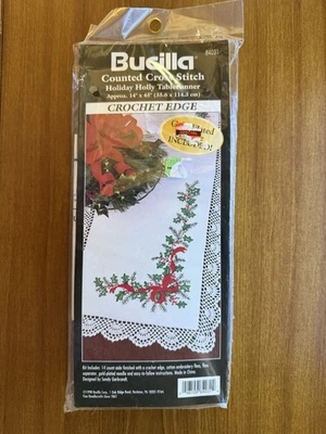 Bucilla 1998 Counted Cross Stitch Kit 84031 Holiday Holly Table Runner 14"x45" - Image 1 of 4