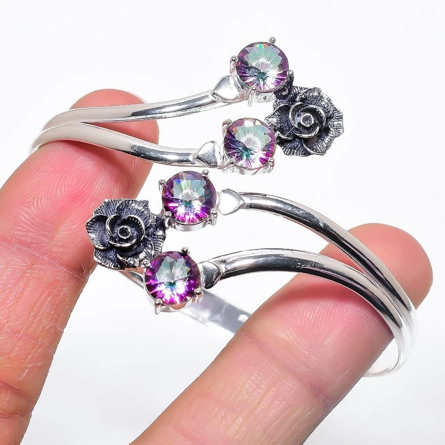 Brazalete de joyería de plata de ley 925 hecho a mano con piedras preciosas de topacio místico talla 7-8" Foto 1 de 1