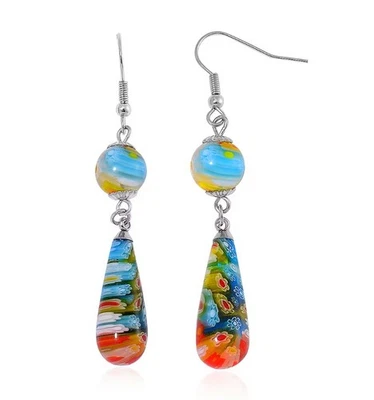 Multi-Color Floral Millefiore Glass Murano Dangle Stainless Steel Earrings 2.5in - Image 1 of 4