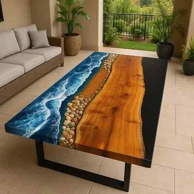 Ocean Epoxy Resin River Table | Handmade Wooden Furniture | Live Edge Art Table - Image 1 of 4