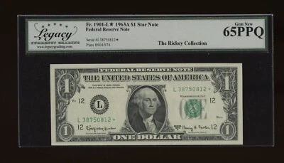 DBR 1963-A $1 San Francisco Gem STAR Fr. 1901-L* Legacy 65 PPQ Serial L38750812* - Image 1 of 2