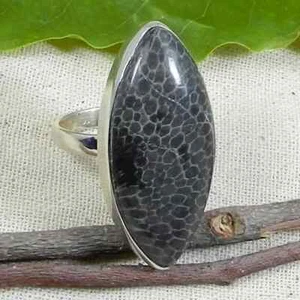 Black Coral Marquise Gemstone Boho Ring 925 Sterling Silver Statement Ring Gift - Picture 1 of 11