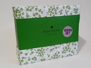 Kate Spade Queen Sheet Set 100% Cotton Percale Green Floral Spellout, New - Picture 1 of 2