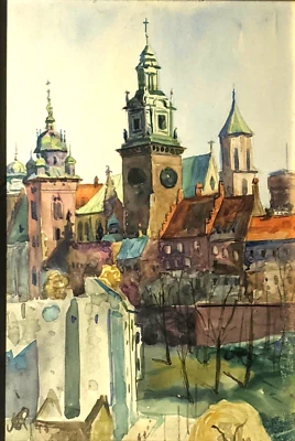 Hand Painted Original Art Watercolor Old Town Hall Signed JR Frame 14"H x 10"W - Image 1 of 4