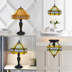 Tiffany Hexagon style Table/Ceiling Lamps 10"-16" Handmade Yellow Stained Glass - Picture 1 of 58