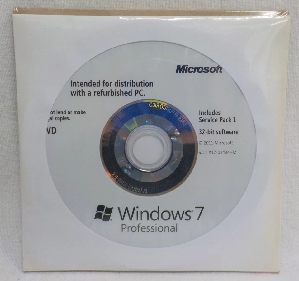 Windows 7 Professional 32-Bit Installation DVD - With Service Pack 1 - NO Key - Bild 1 von 1