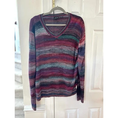 Armani Exchange Red & Blue Marled Watercolor Stripe Knit Linen Blend Sweater - Image 1 of 4