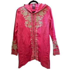 Johnny Was Top Jacket M Carmelita Linen Embroidered Full Zip Hoodie Pink Coastal - Picture 1 of 17