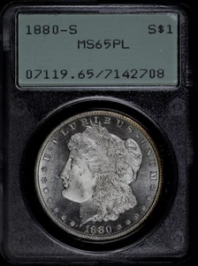 1880-S MORGAN SILVER DOLLAR~PCGS GEM MS65 PROOF LIKE IN OLD RATTLER GREEN HOLDER - Picture 1 of 5