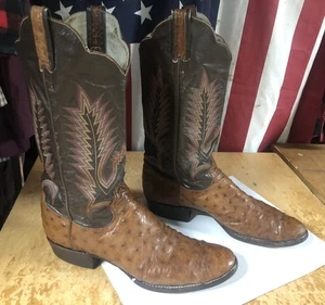 Vtg USA Larry Mahan Ostrich Full Quill Brown Cowboy Boots Womens 10A Narrow - Picture 1 of 21