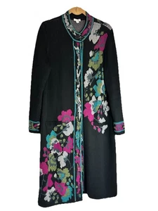 J JILL Black Floral Long Coat Sweater Snap Closure SZ M - Picture 1 of 7