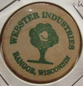 Vintage Webster Industries Bangor, WI legno nichel - gettone Wisconsin - Foto 1 di 2