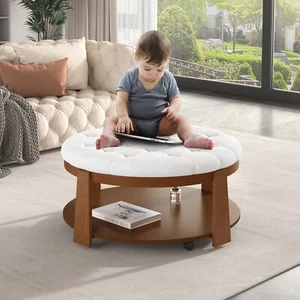 Modern Large Round Ottoman Coffee Table 2-Tier Oversized Button Tufted Ottoman - Picture 1 of 18