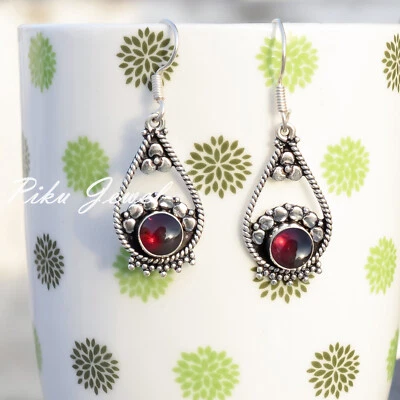 Orecchini pendenti e a goccia in argento sterling 925 con pietra granata del ... - Immagine 1 di 4